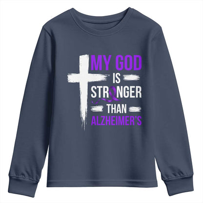 My God Is Stronger Than Alzheimers Youth Sweatshirt Christian Purple Ribbon Faith Support
