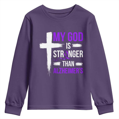 My God Is Stronger Than Alzheimers Youth Sweatshirt Christian Purple Ribbon Faith Support