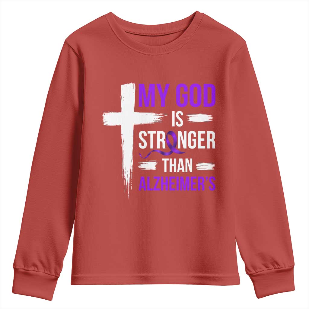 My God Is Stronger Than Alzheimers Youth Sweatshirt Christian Purple Ribbon Faith Support