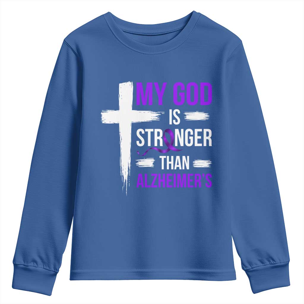 My God Is Stronger Than Alzheimers Youth Sweatshirt Christian Purple Ribbon Faith Support