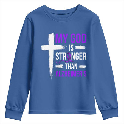 My God Is Stronger Than Alzheimers Youth Sweatshirt Christian Purple Ribbon Faith Support