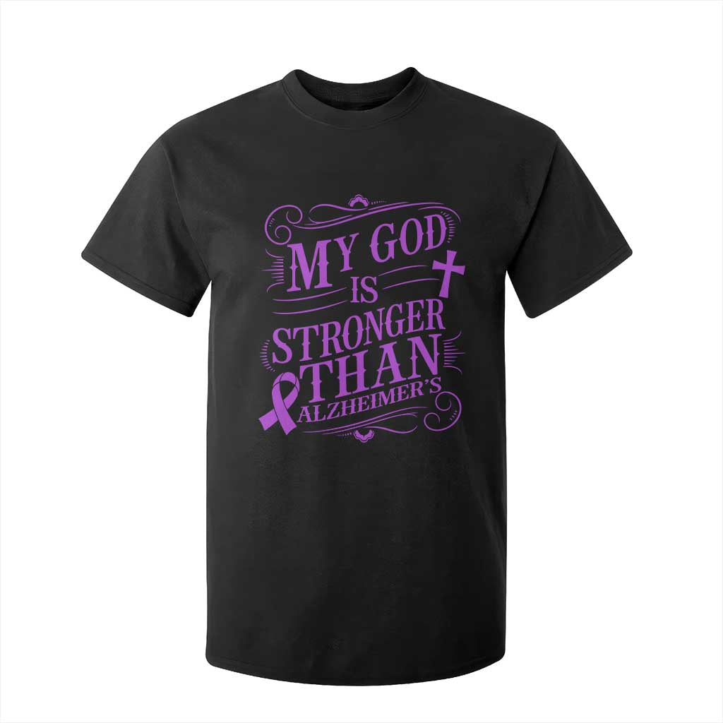 My God Is Stronger Than Alzheimers T Shirt For Kid Faith Hope Purple Ribbon Graphic