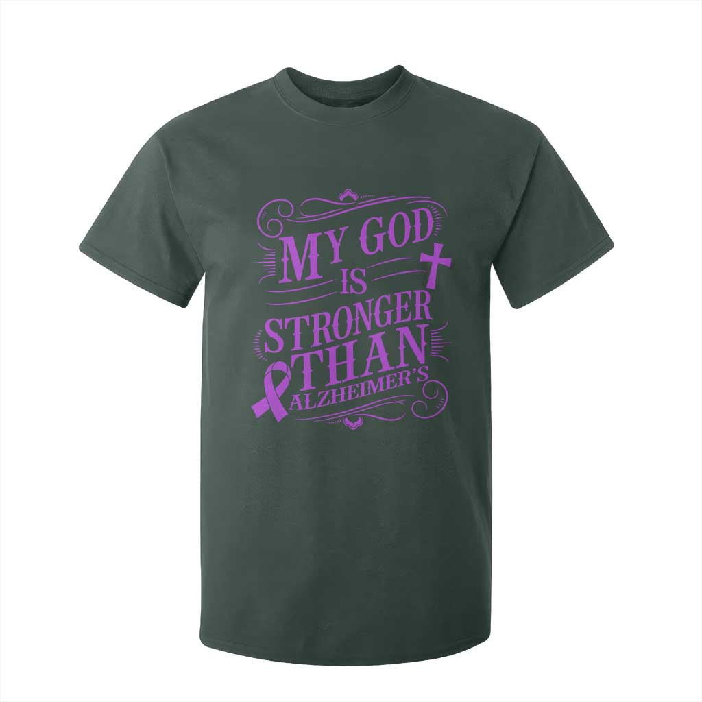 My God Is Stronger Than Alzheimers T Shirt For Kid Faith Hope Purple Ribbon Graphic