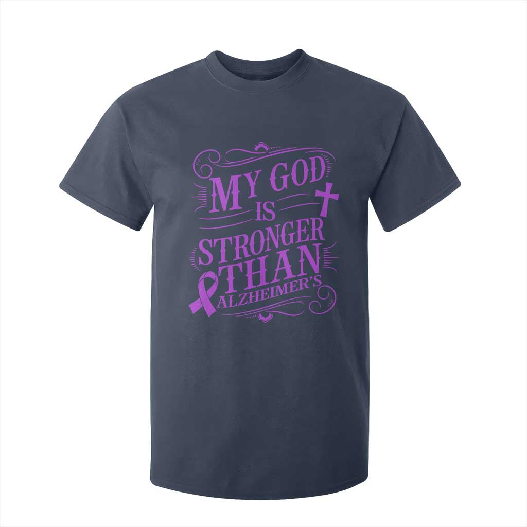 My God Is Stronger Than Alzheimers T Shirt For Kid Faith Hope Purple Ribbon Graphic