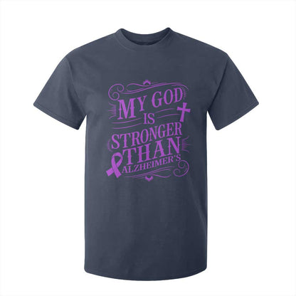 My God Is Stronger Than Alzheimers T Shirt For Kid Faith Hope Purple Ribbon Graphic