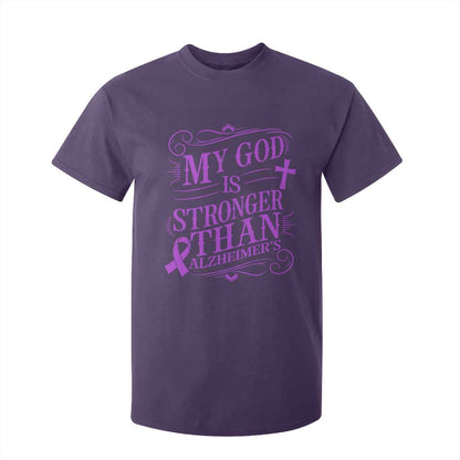 My God Is Stronger Than Alzheimers T Shirt For Kid Faith Hope Purple Ribbon Graphic
