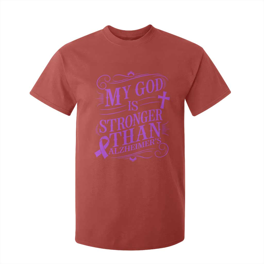 My God Is Stronger Than Alzheimers T Shirt For Kid Faith Hope Purple Ribbon Graphic