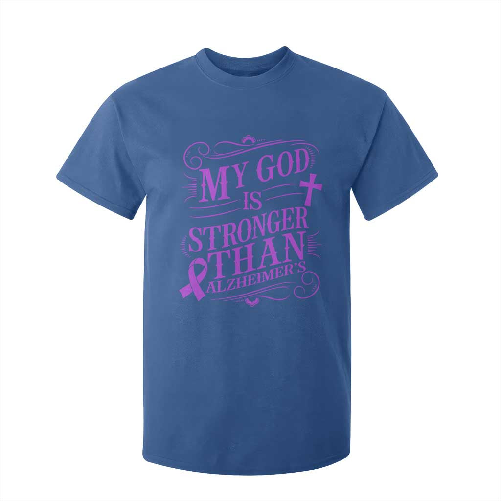 My God Is Stronger Than Alzheimers T Shirt For Kid Faith Hope Purple Ribbon Graphic
