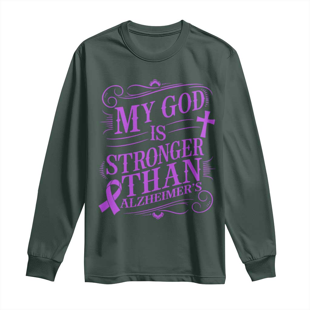 My God Is Stronger Than Alzheimers Long Sleeve Shirt Faith Hope Purple Ribbon Graphic