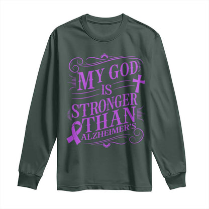 My God Is Stronger Than Alzheimers Long Sleeve Shirt Faith Hope Purple Ribbon Graphic