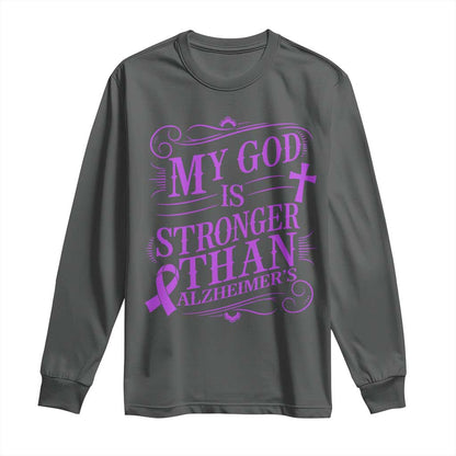 My God Is Stronger Than Alzheimers Long Sleeve Shirt Faith Hope Purple Ribbon Graphic