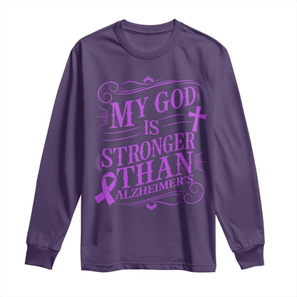 My God Is Stronger Than Alzheimers Long Sleeve Shirt Faith Hope Purple Ribbon Graphic
