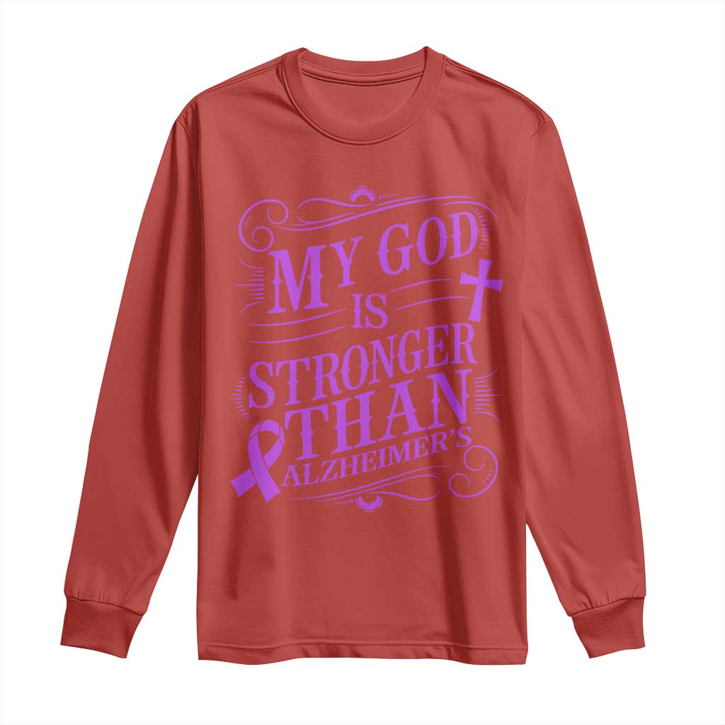 My God Is Stronger Than Alzheimers Long Sleeve Shirt Faith Hope Purple Ribbon Graphic