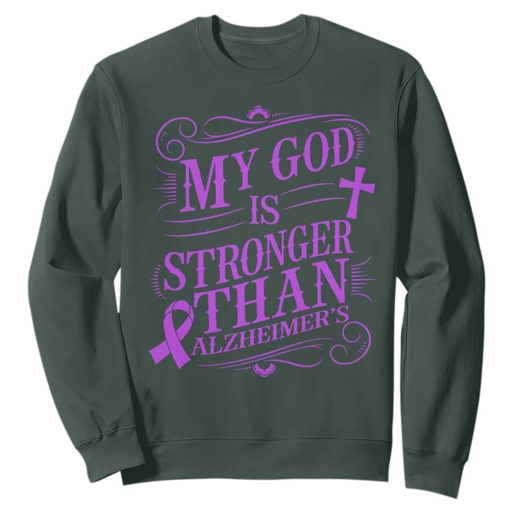 My God Is Stronger Than Alzheimers Sweatshirt Faith Hope Purple Ribbon Graphic