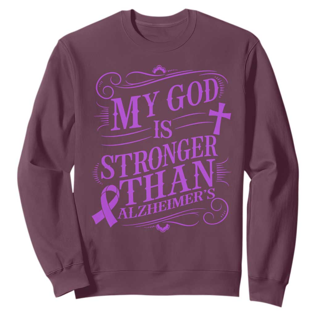 My God Is Stronger Than Alzheimers Sweatshirt Faith Hope Purple Ribbon Graphic