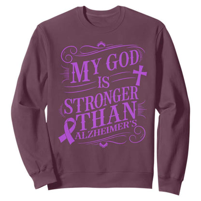 My God Is Stronger Than Alzheimers Sweatshirt Faith Hope Purple Ribbon Graphic