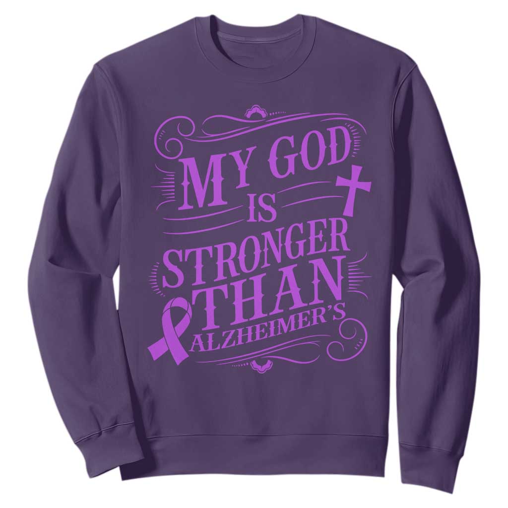 My God Is Stronger Than Alzheimers Sweatshirt Faith Hope Purple Ribbon Graphic