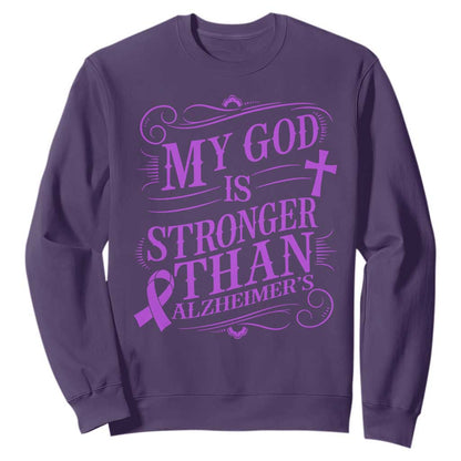 My God Is Stronger Than Alzheimers Sweatshirt Faith Hope Purple Ribbon Graphic