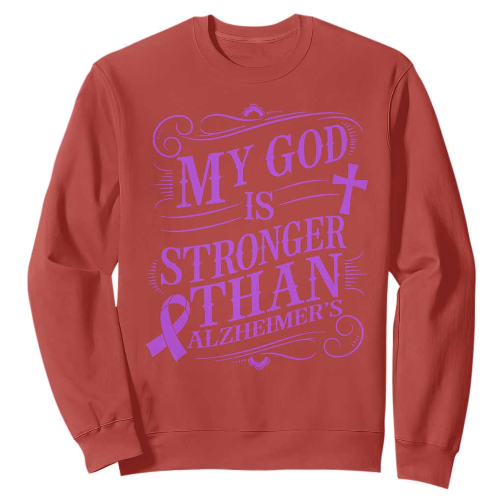 My God Is Stronger Than Alzheimers Sweatshirt Faith Hope Purple Ribbon Graphic