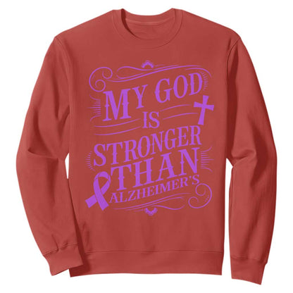 My God Is Stronger Than Alzheimers Sweatshirt Faith Hope Purple Ribbon Graphic