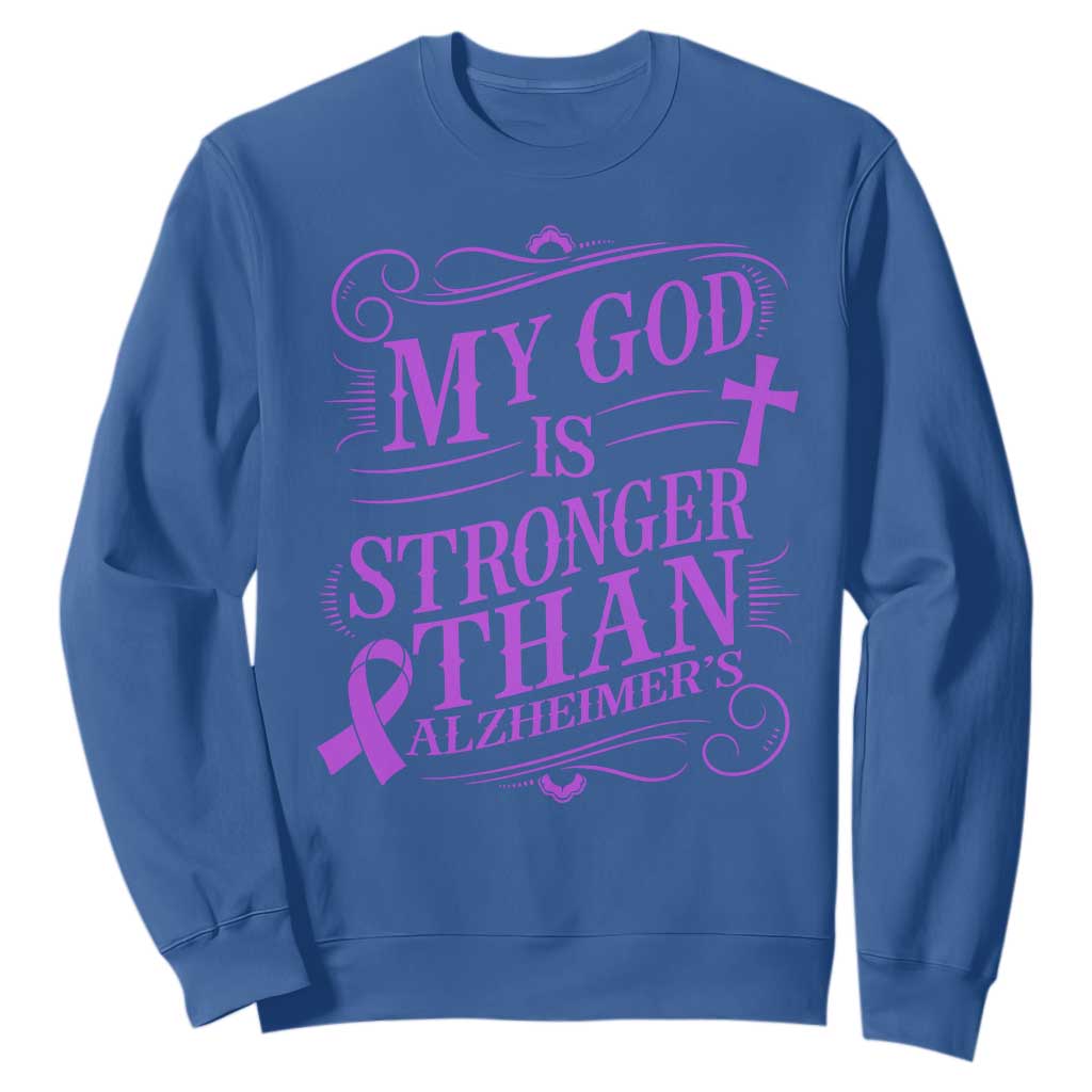 My God Is Stronger Than Alzheimers Sweatshirt Faith Hope Purple Ribbon Graphic