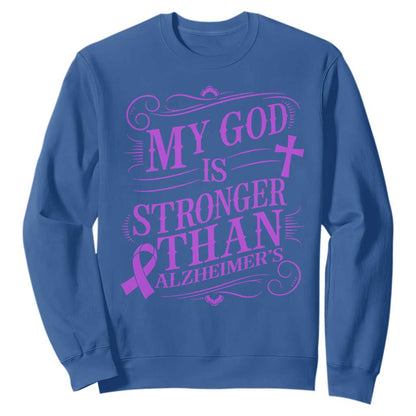 My God Is Stronger Than Alzheimers Sweatshirt Faith Hope Purple Ribbon Graphic