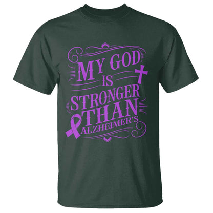 My God Is Stronger Than Alzheimers T Shirt Faith Hope Purple Ribbon Graphic