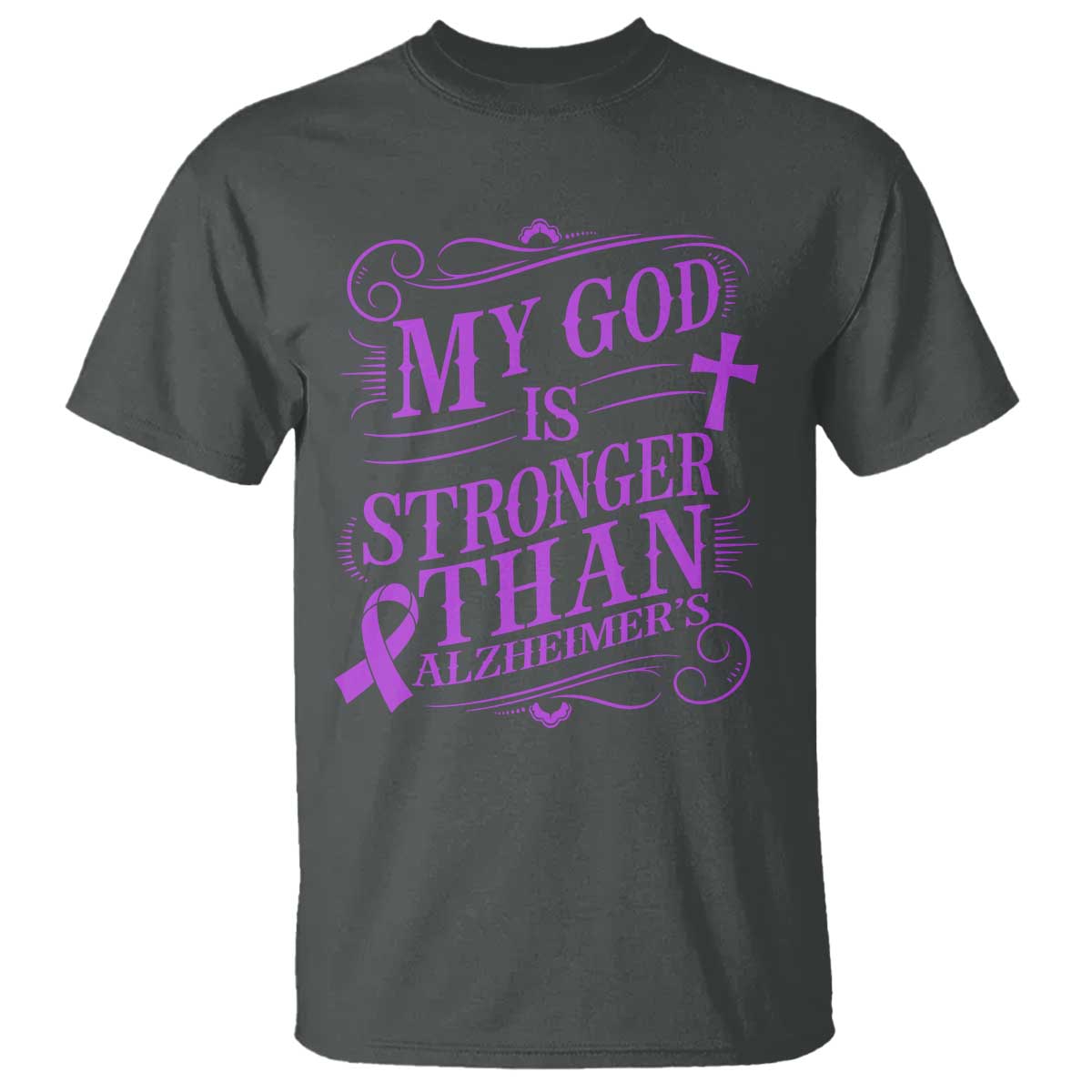 My God Is Stronger Than Alzheimers T Shirt Faith Hope Purple Ribbon Graphic