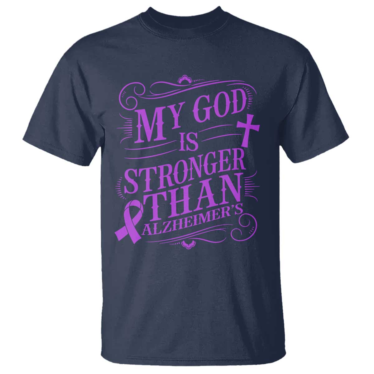 My God Is Stronger Than Alzheimers T Shirt Faith Hope Purple Ribbon Graphic