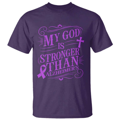 My God Is Stronger Than Alzheimers T Shirt Faith Hope Purple Ribbon Graphic