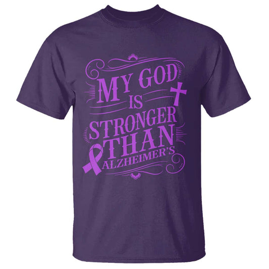 My God Is Stronger Than Alzheimers T Shirt Faith Hope Purple Ribbon Graphic