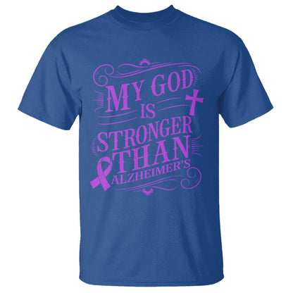 My God Is Stronger Than Alzheimers T Shirt Faith Hope Purple Ribbon Graphic
