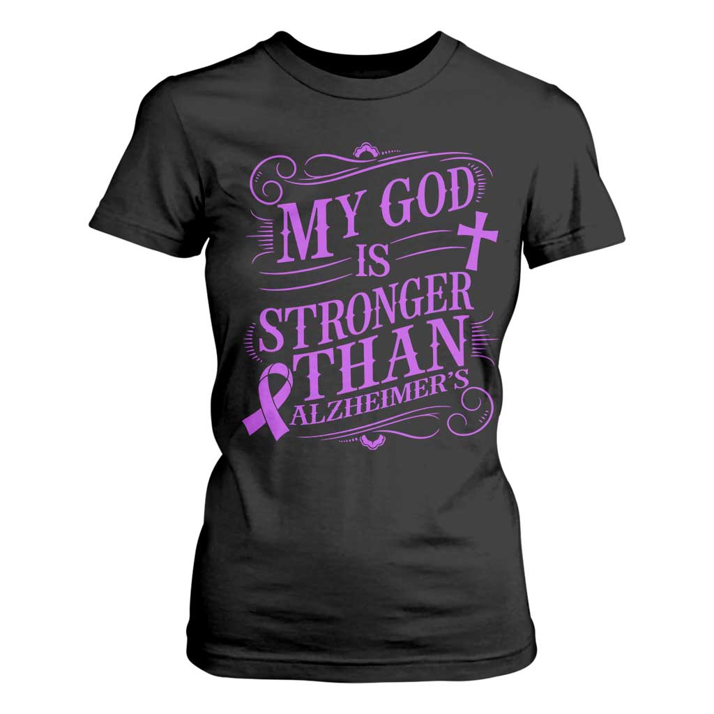 My God Is Stronger Than Alzheimers T Shirt For Women Faith Hope Purple Ribbon Graphic