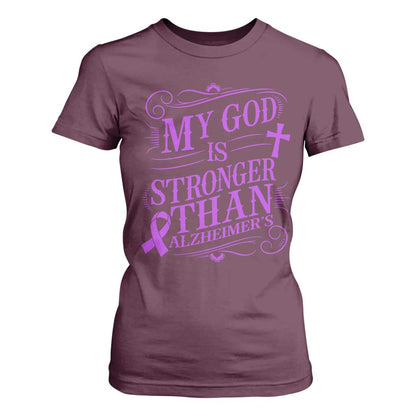 My God Is Stronger Than Alzheimers T Shirt For Women Faith Hope Purple Ribbon Graphic