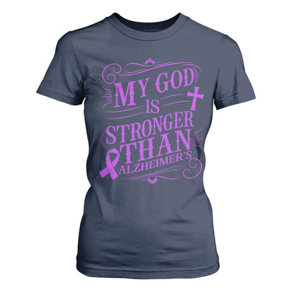 My God Is Stronger Than Alzheimers T Shirt For Women Faith Hope Purple Ribbon Graphic