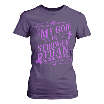 My God Is Stronger Than Alzheimers T Shirt For Women Faith Hope Purple Ribbon Graphic