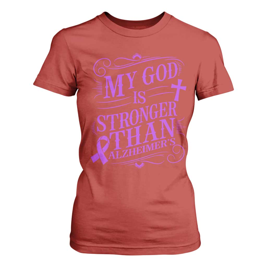 My God Is Stronger Than Alzheimers T Shirt For Women Faith Hope Purple Ribbon Graphic