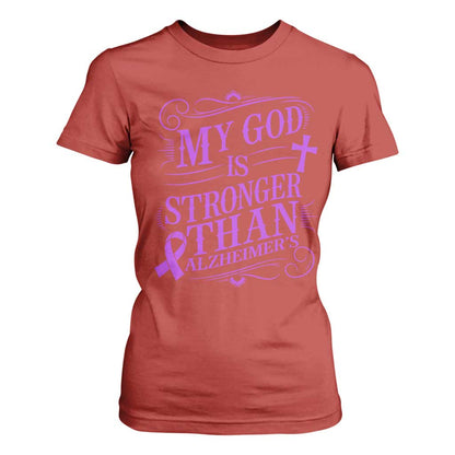 My God Is Stronger Than Alzheimers T Shirt For Women Faith Hope Purple Ribbon Graphic