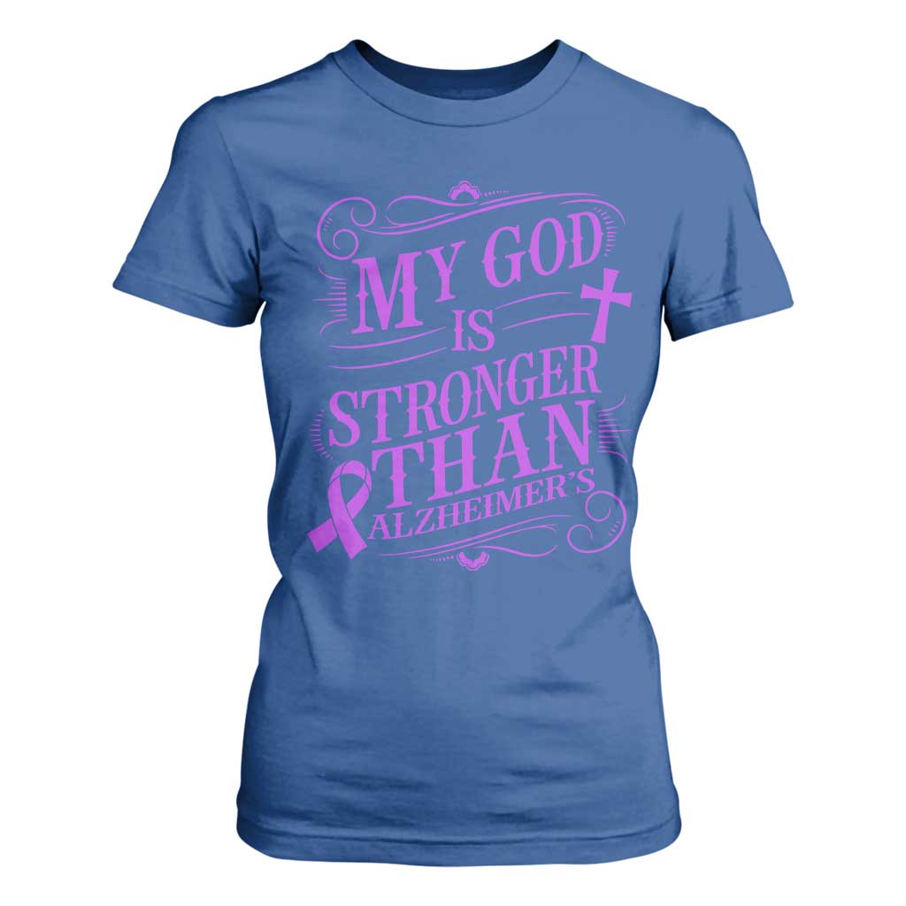 My God Is Stronger Than Alzheimers T Shirt For Women Faith Hope Purple Ribbon Graphic