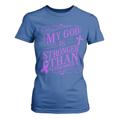 My God Is Stronger Than Alzheimers T Shirt For Women Faith Hope Purple Ribbon Graphic