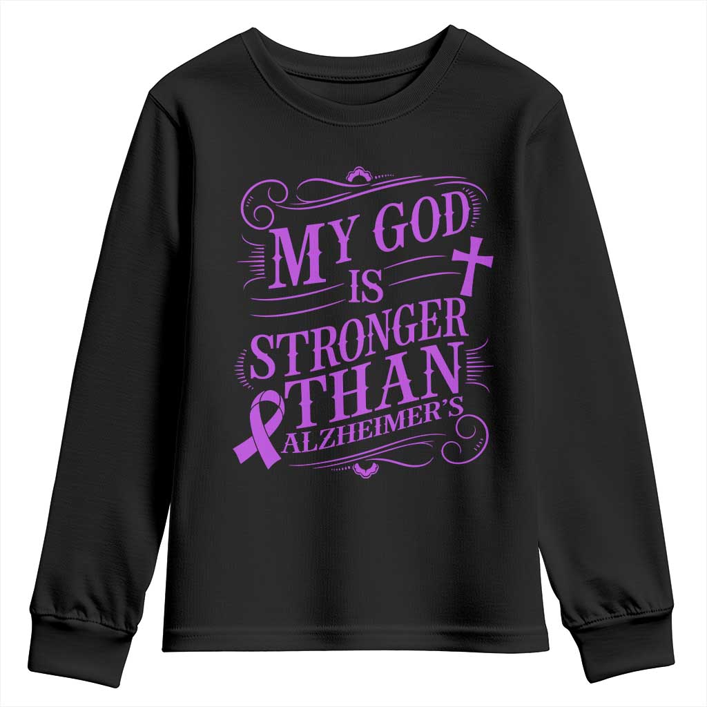 My God Is Stronger Than Alzheimers Youth Sweatshirt Faith Hope Purple Ribbon Graphic