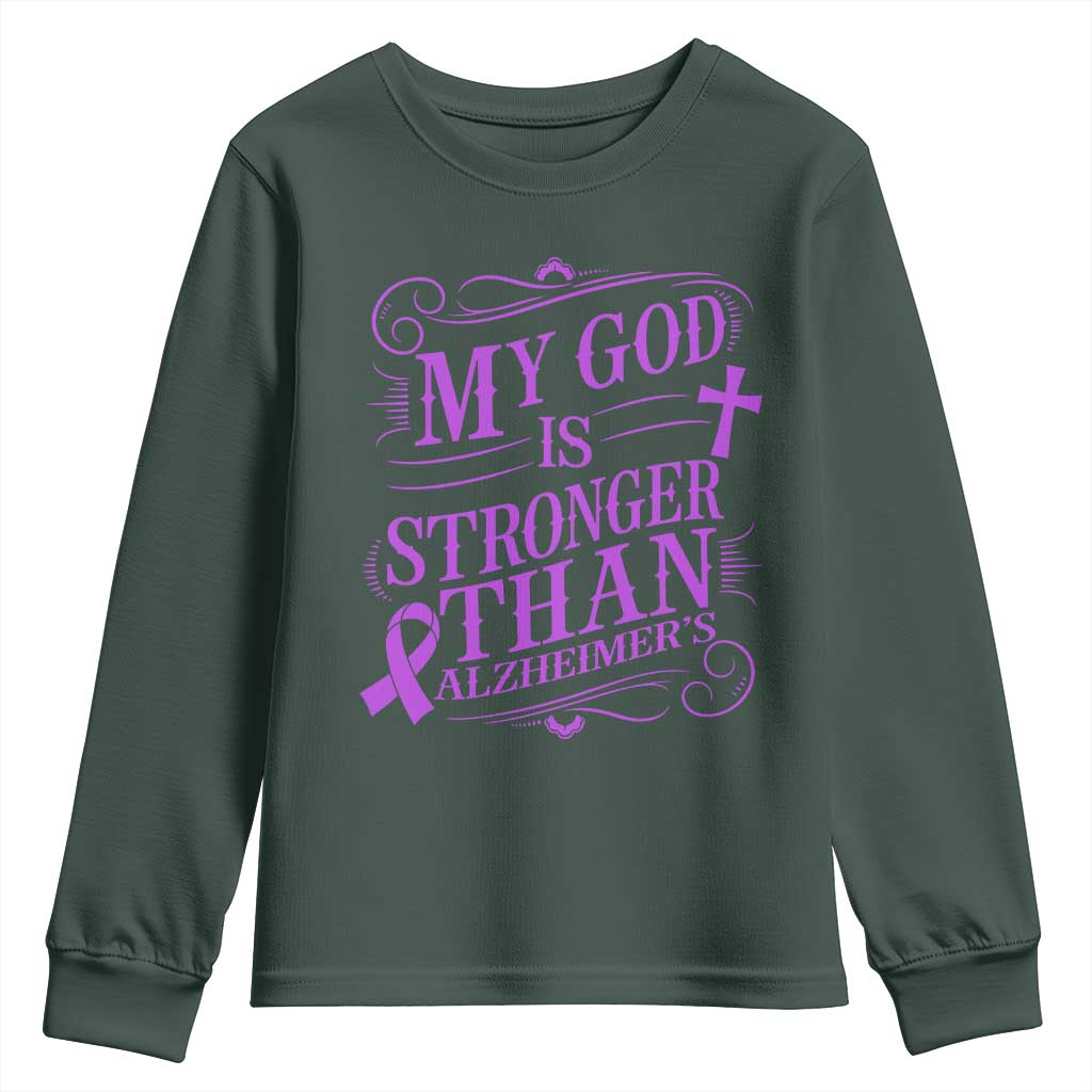 My God Is Stronger Than Alzheimers Youth Sweatshirt Faith Hope Purple Ribbon Graphic