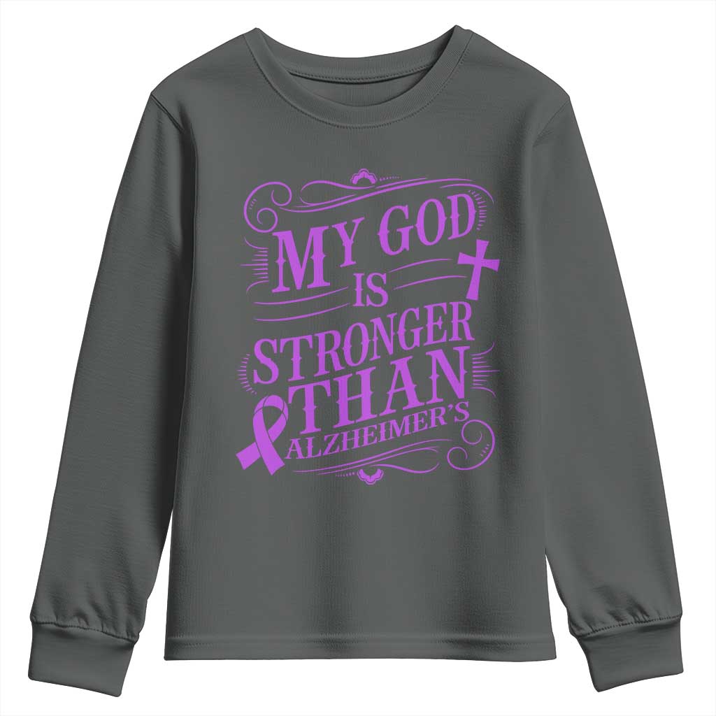My God Is Stronger Than Alzheimers Youth Sweatshirt Faith Hope Purple Ribbon Graphic