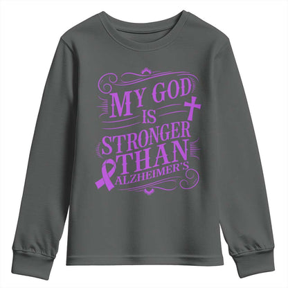 My God Is Stronger Than Alzheimers Youth Sweatshirt Faith Hope Purple Ribbon Graphic