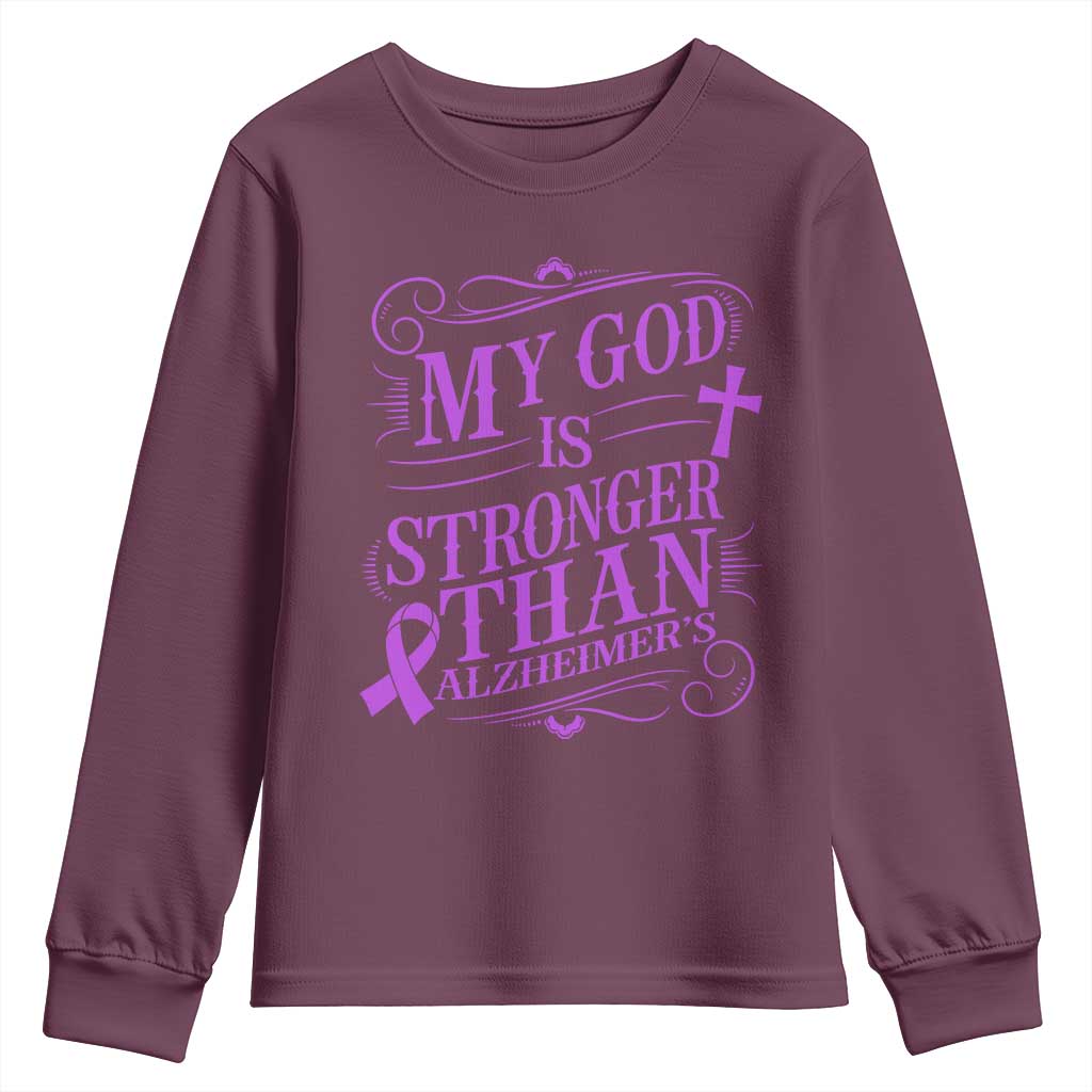 My God Is Stronger Than Alzheimers Youth Sweatshirt Faith Hope Purple Ribbon Graphic