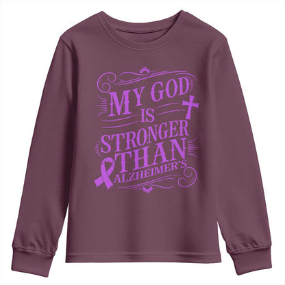 My God Is Stronger Than Alzheimers Youth Sweatshirt Faith Hope Purple Ribbon Graphic