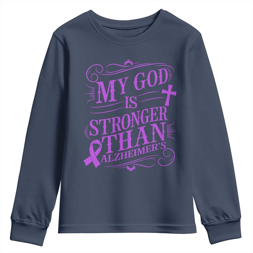 My God Is Stronger Than Alzheimers Youth Sweatshirt Faith Hope Purple Ribbon Graphic