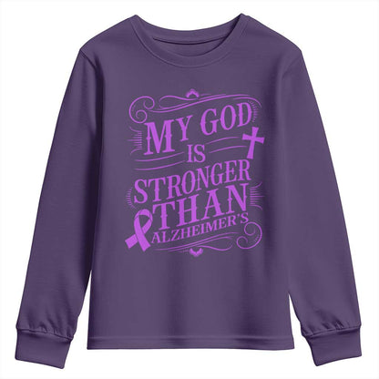 My God Is Stronger Than Alzheimers Youth Sweatshirt Faith Hope Purple Ribbon Graphic