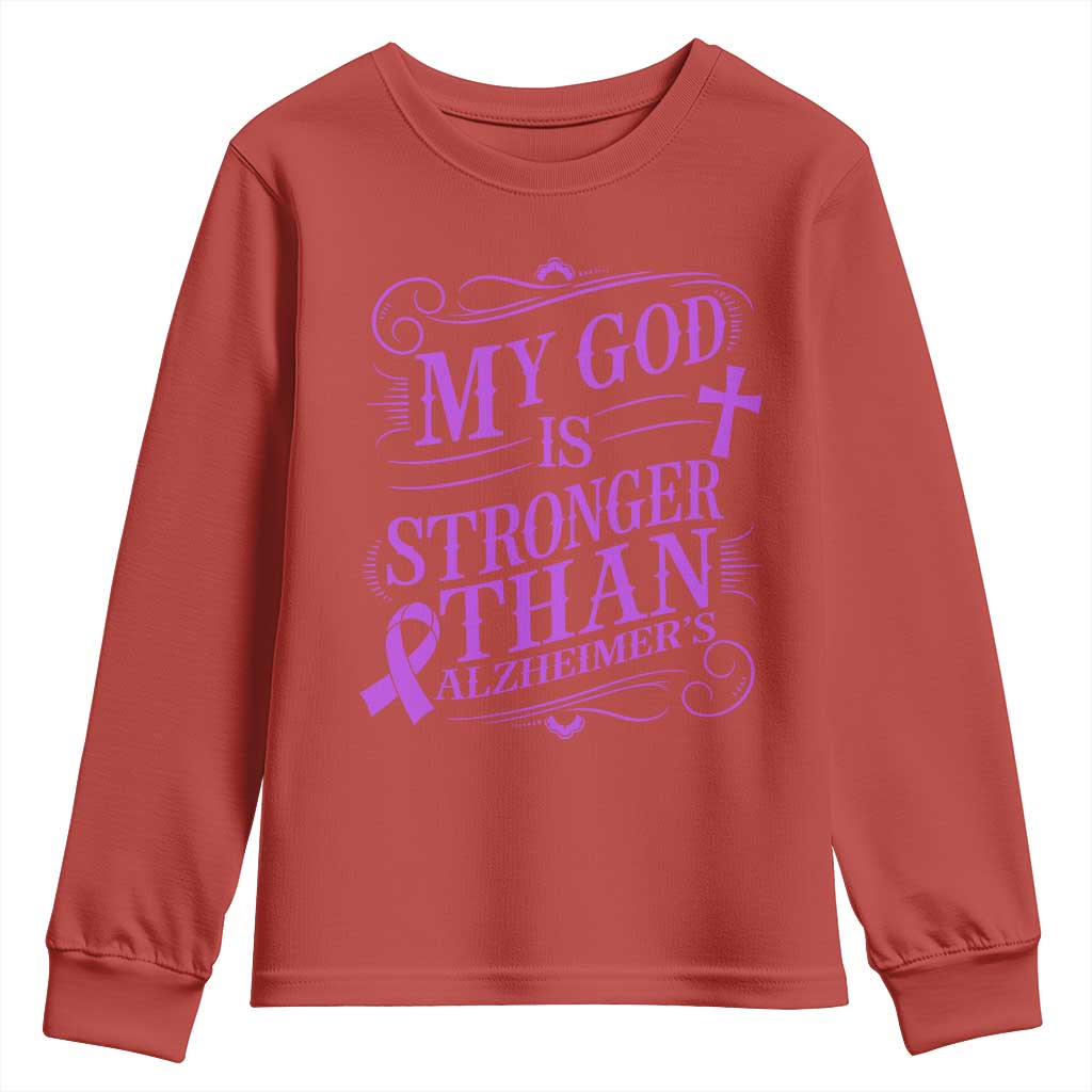 My God Is Stronger Than Alzheimers Youth Sweatshirt Faith Hope Purple Ribbon Graphic