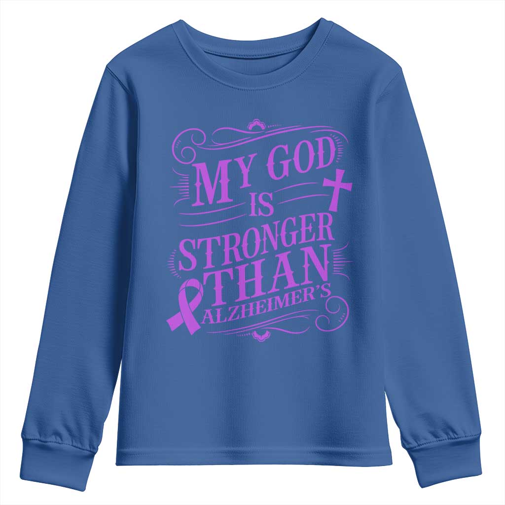 My God Is Stronger Than Alzheimers Youth Sweatshirt Faith Hope Purple Ribbon Graphic